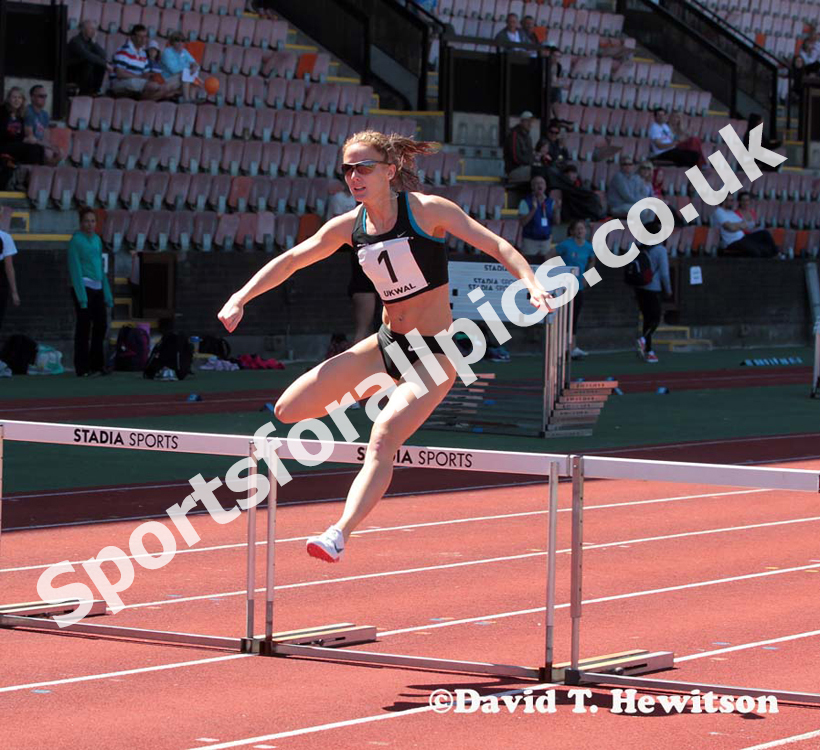 Meghan Beesley (Birchfield) wins the 400 metres hurdles with a League Record at the UK Women's National League, Premier, Meadowbank, Edinburgh.